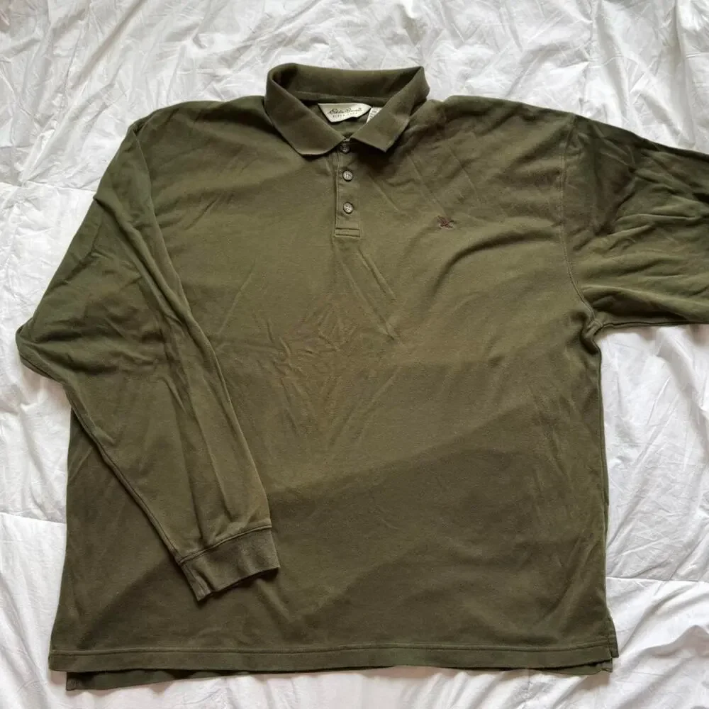 eddie Bauer Olive green soft long sleeve polo shirt  XXL grunge preppy‎ academia